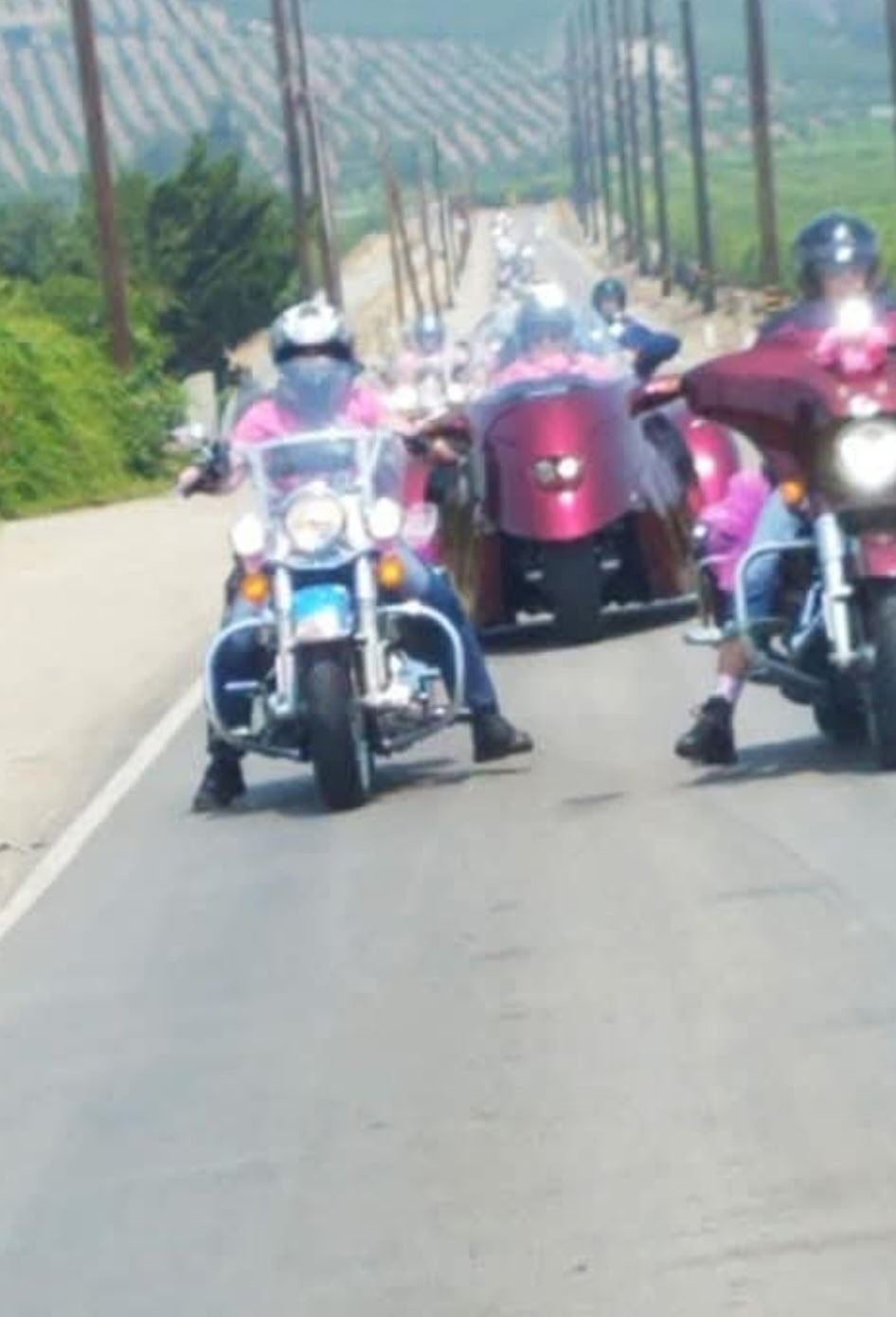 Riders in pink leading a pack of motorcycles down a country road
